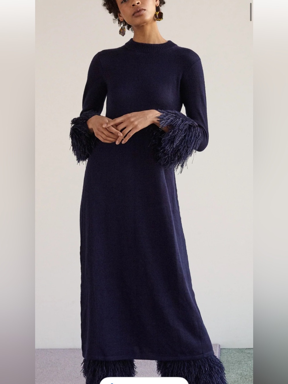 Rosie Assoulin Wool Navy Knit Maxi Dress Fringe Statement Cuffs Belted